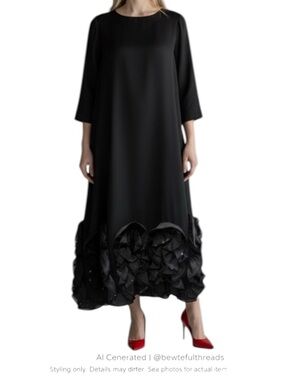 Vintage Black Rosette Hem Dress Minimalist Avant Garde Midi Fits M